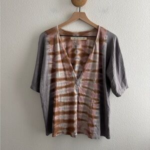 Raquel Allegra Tie-Dye V-Neck Top in Brown, Gray and Cream